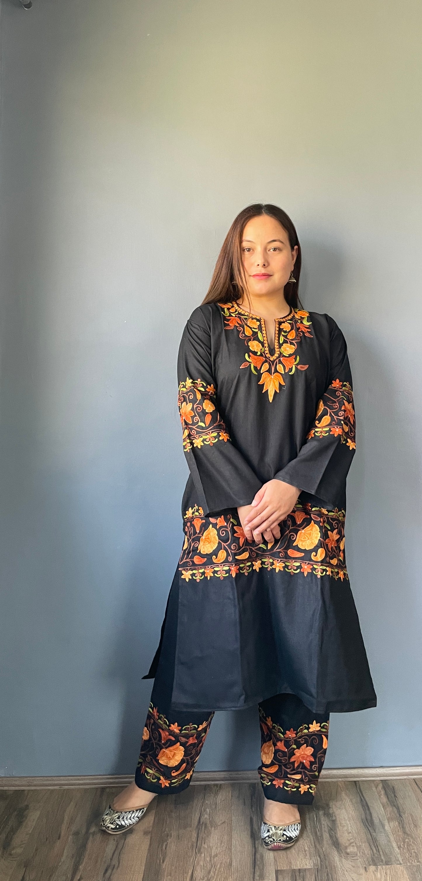 Coord | Black | Orange And Green Aari Embroidered