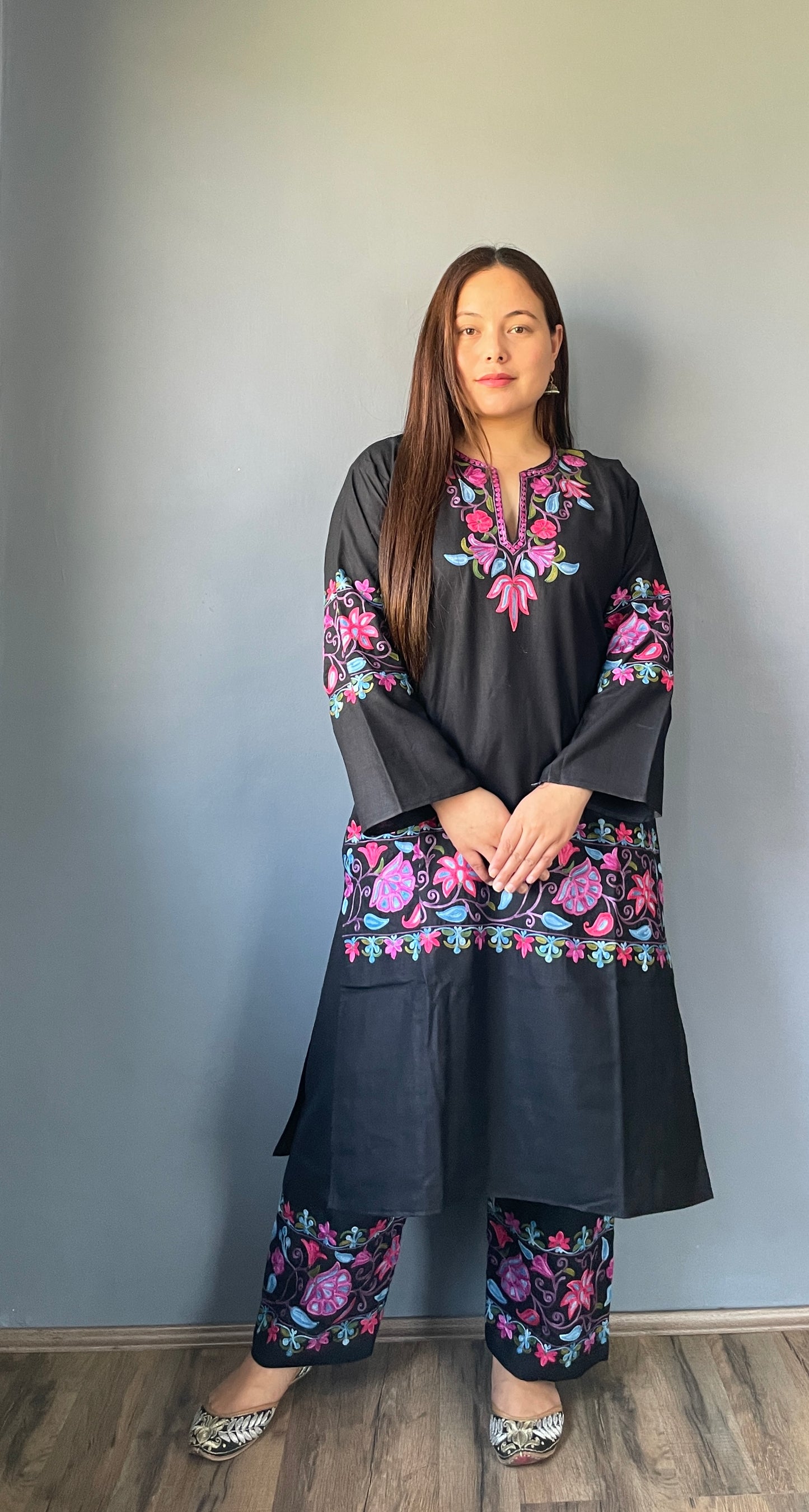 Coord | Black | Blue And Pink Aari Embroidered