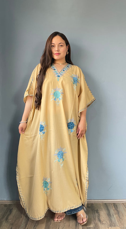 Aari Embroidered Cotton Kaftan | Camel Brown With Blue Embroidery