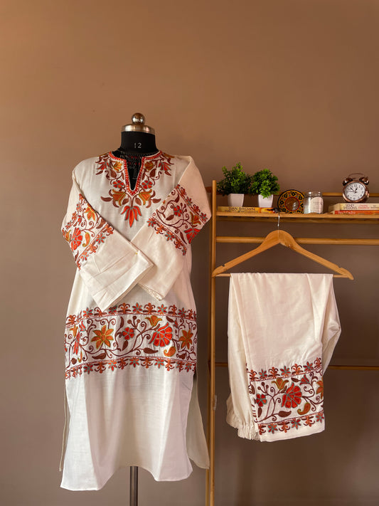 Coord | White | Orange & Brown Aari Embroidered