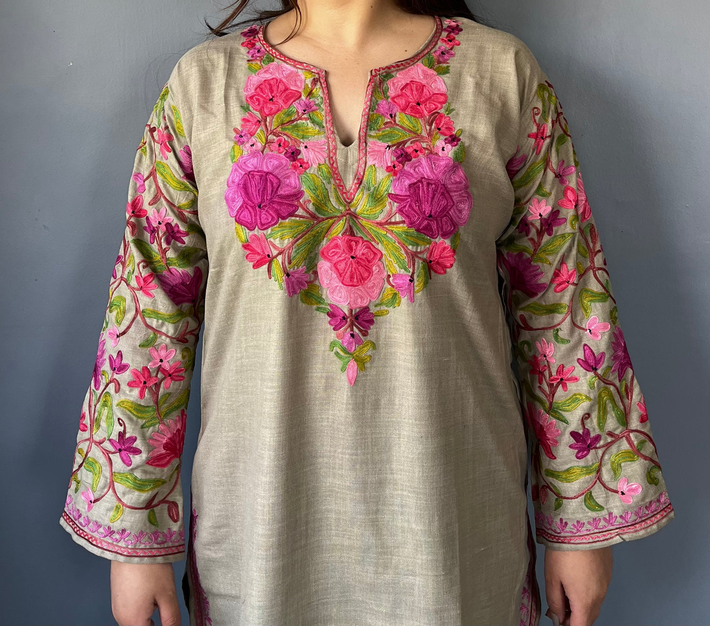 Sonzal Kurti | Pashmina Gray With Purple Embroidery