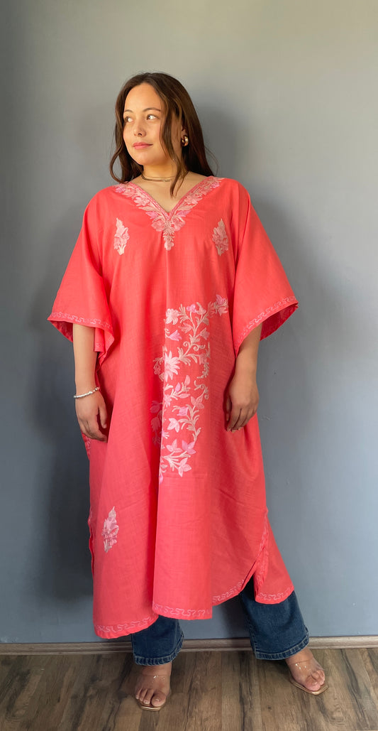 Aari Embroidered Cotton Kaftan | Pink With Pink Embroidery