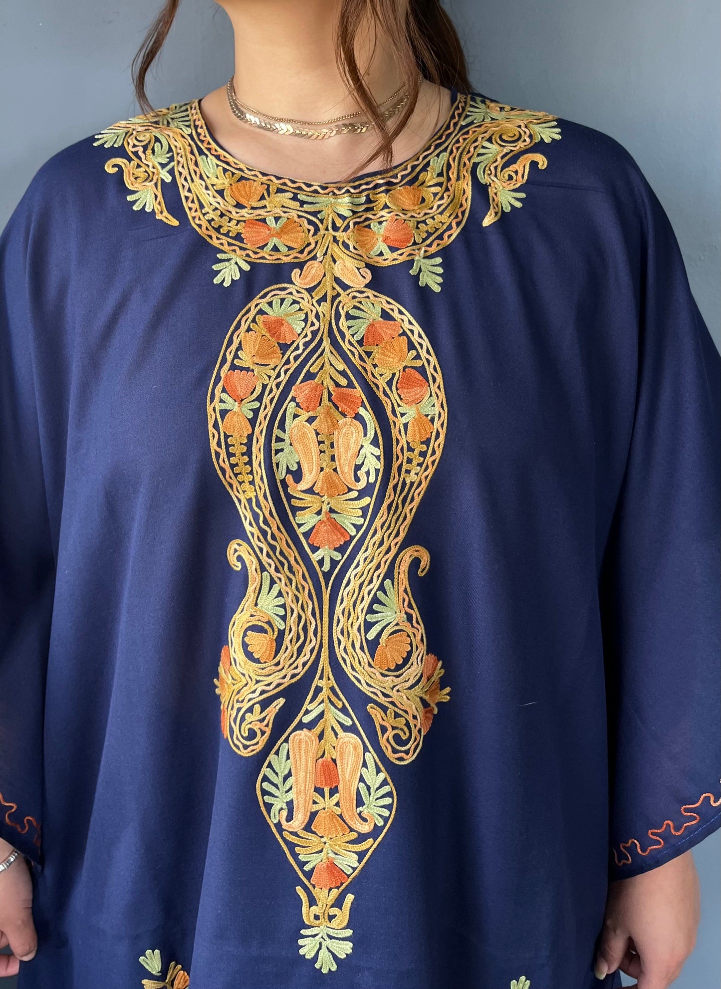 Aari Embroidered Cotton Kaftan | Navy Blue With Golden and Green Embroidery