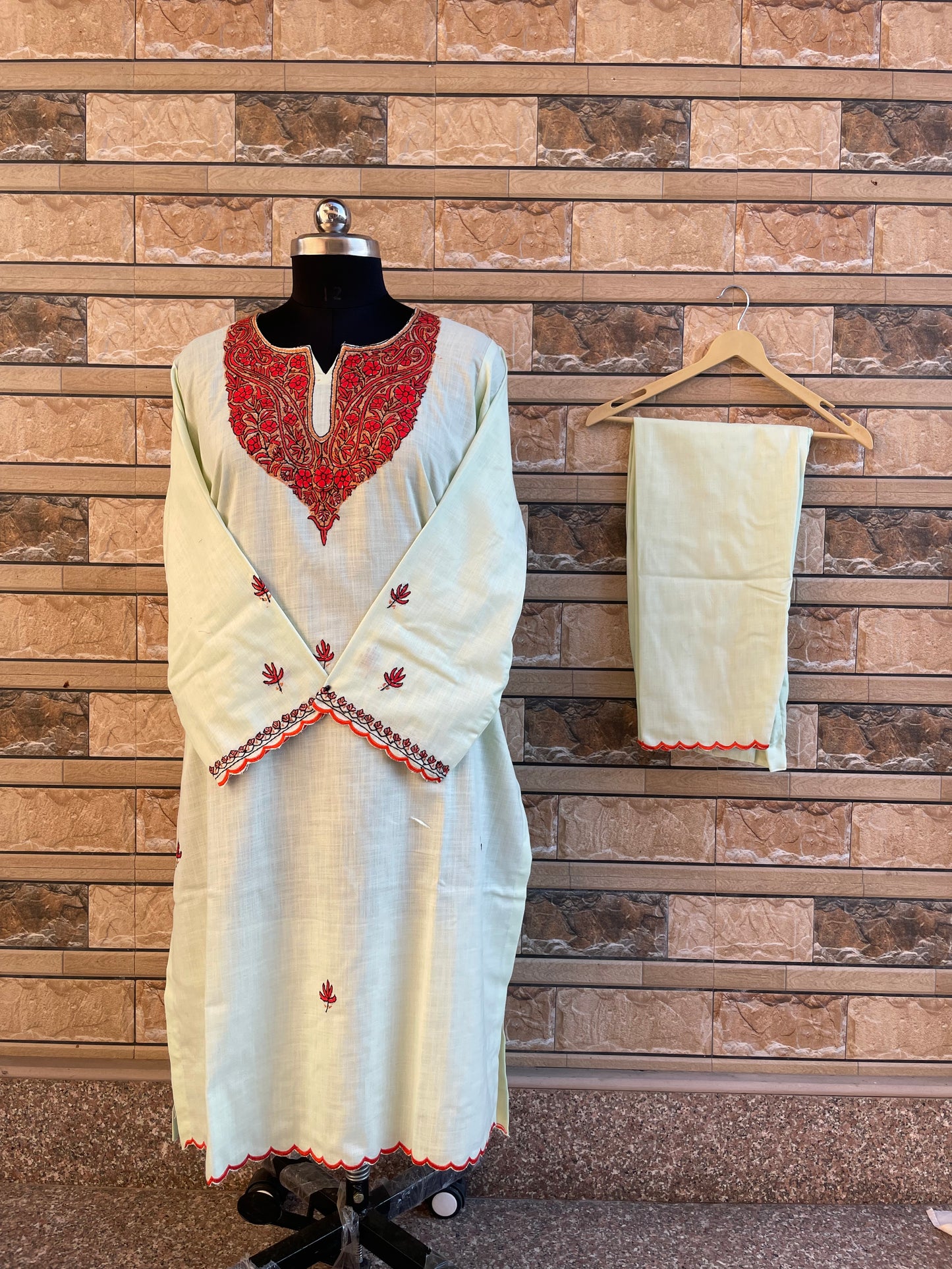 Sozni Embroidered Suit | Mint Green (Red Embroidery)