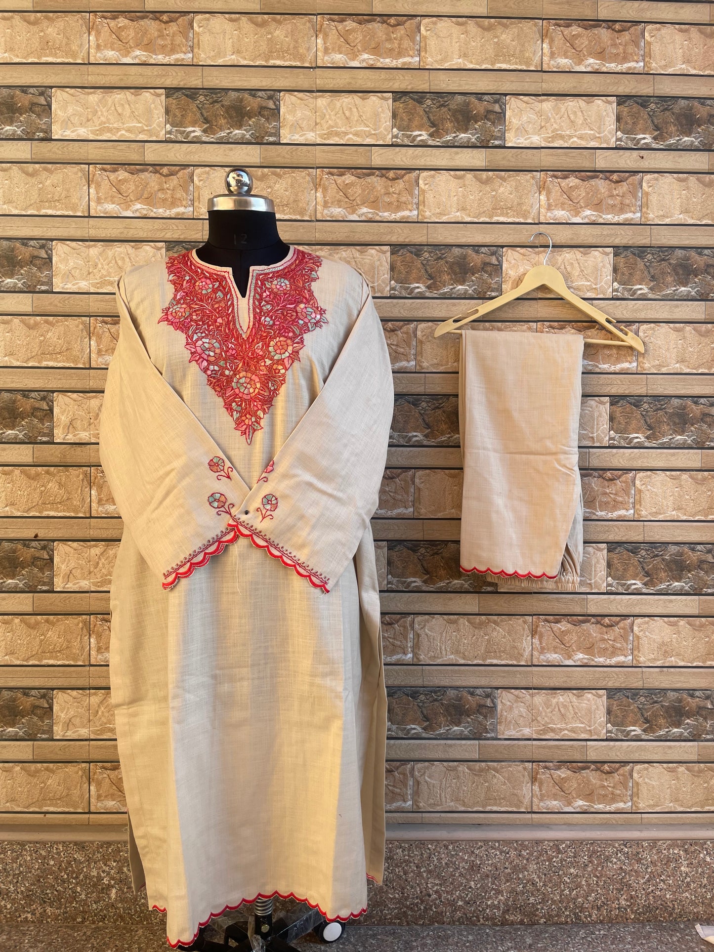 Sozni Embroidered Suit | Beige (Red Embroidery)