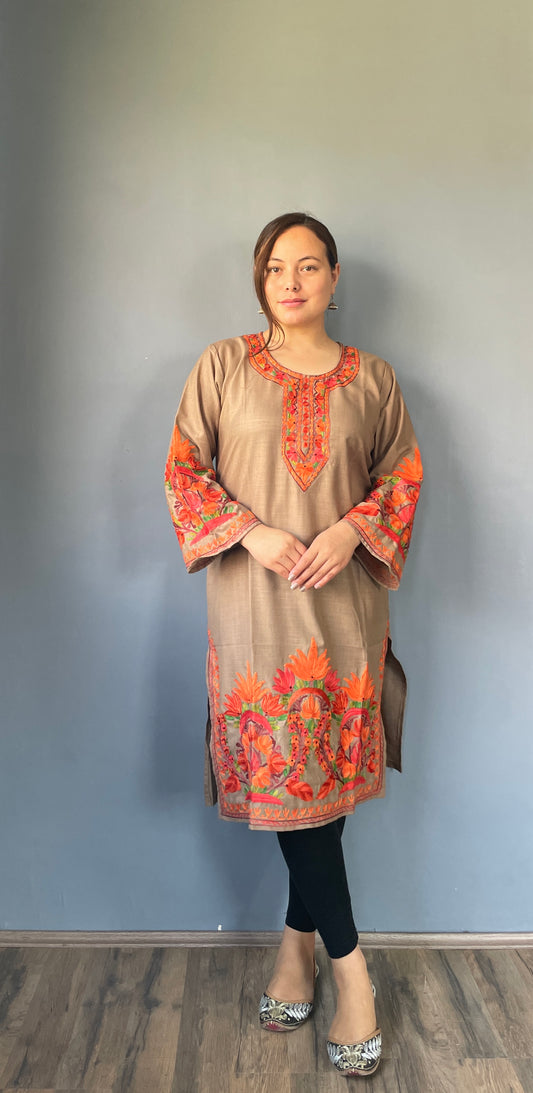 Sonzal Kurti | Pashmina Brown With Orange Embroidery