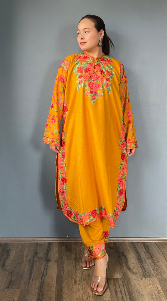 Bahaar Kurta Set | Mustard With Green Embroidery