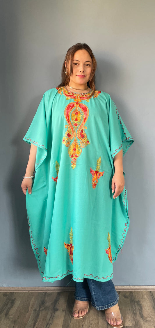 Aari Embroidered Cotton Kaftan | Turquoise Blue With Red And Golden Embroidery