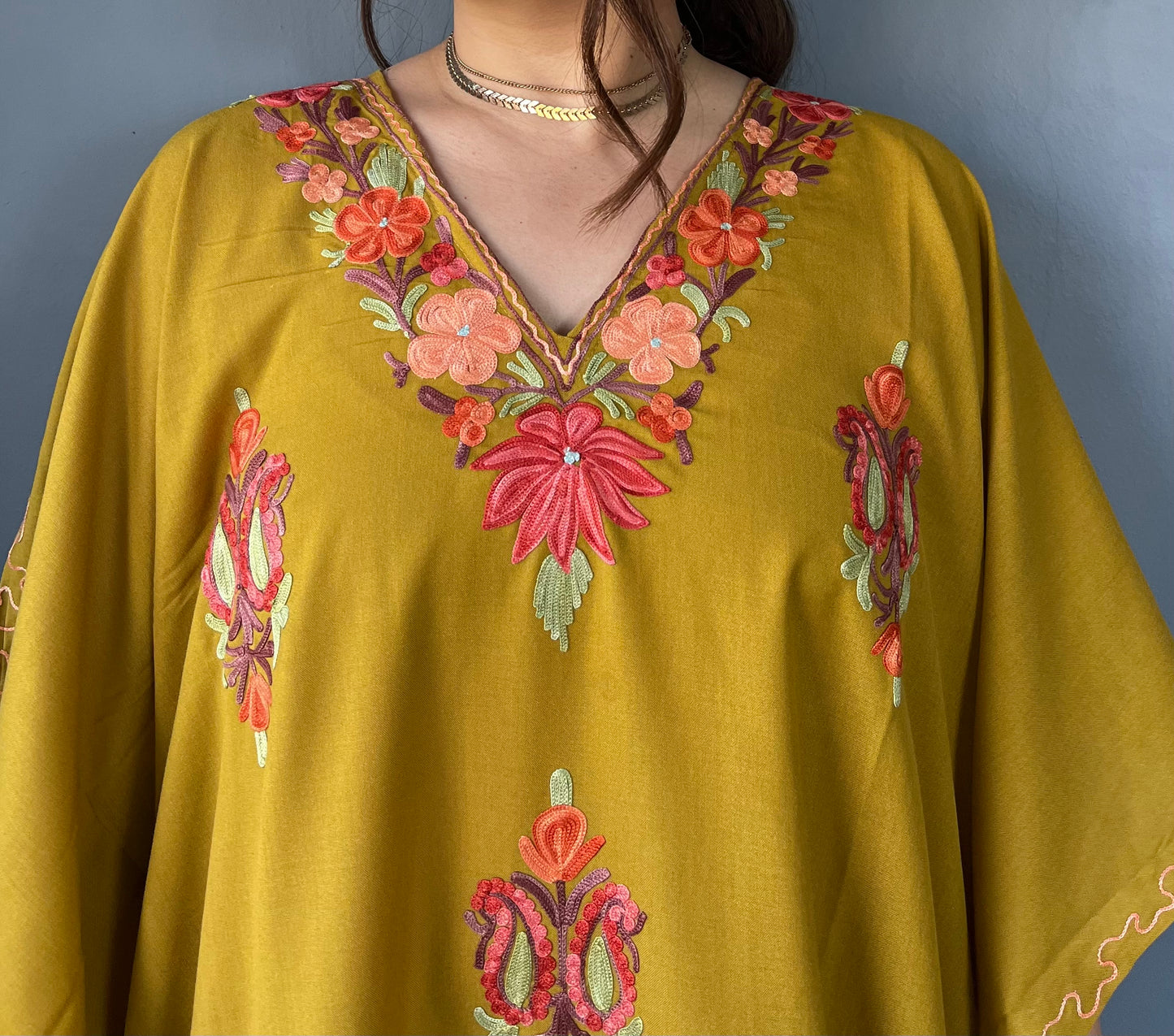 Aari Embroidered Cotton Kaftan | Saffron With Red And Brown Embroidery