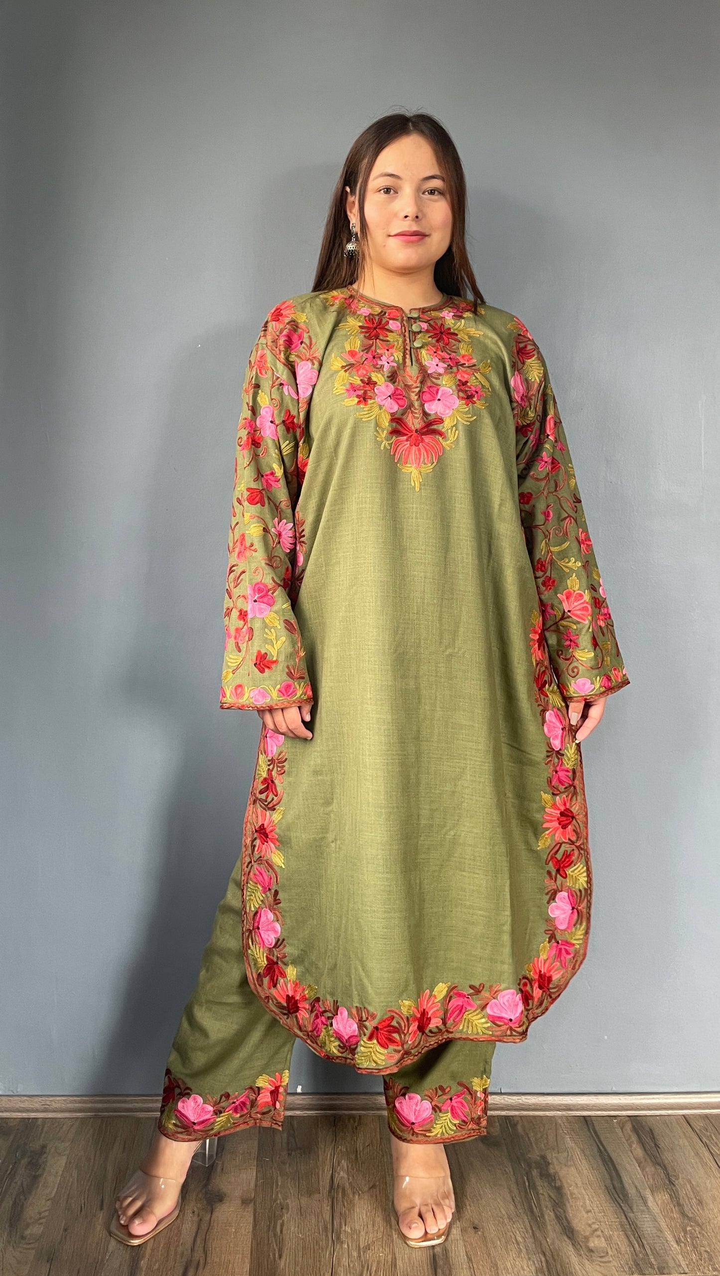 Bahaar Kurta Set | Olive Green With Pink Embroidery