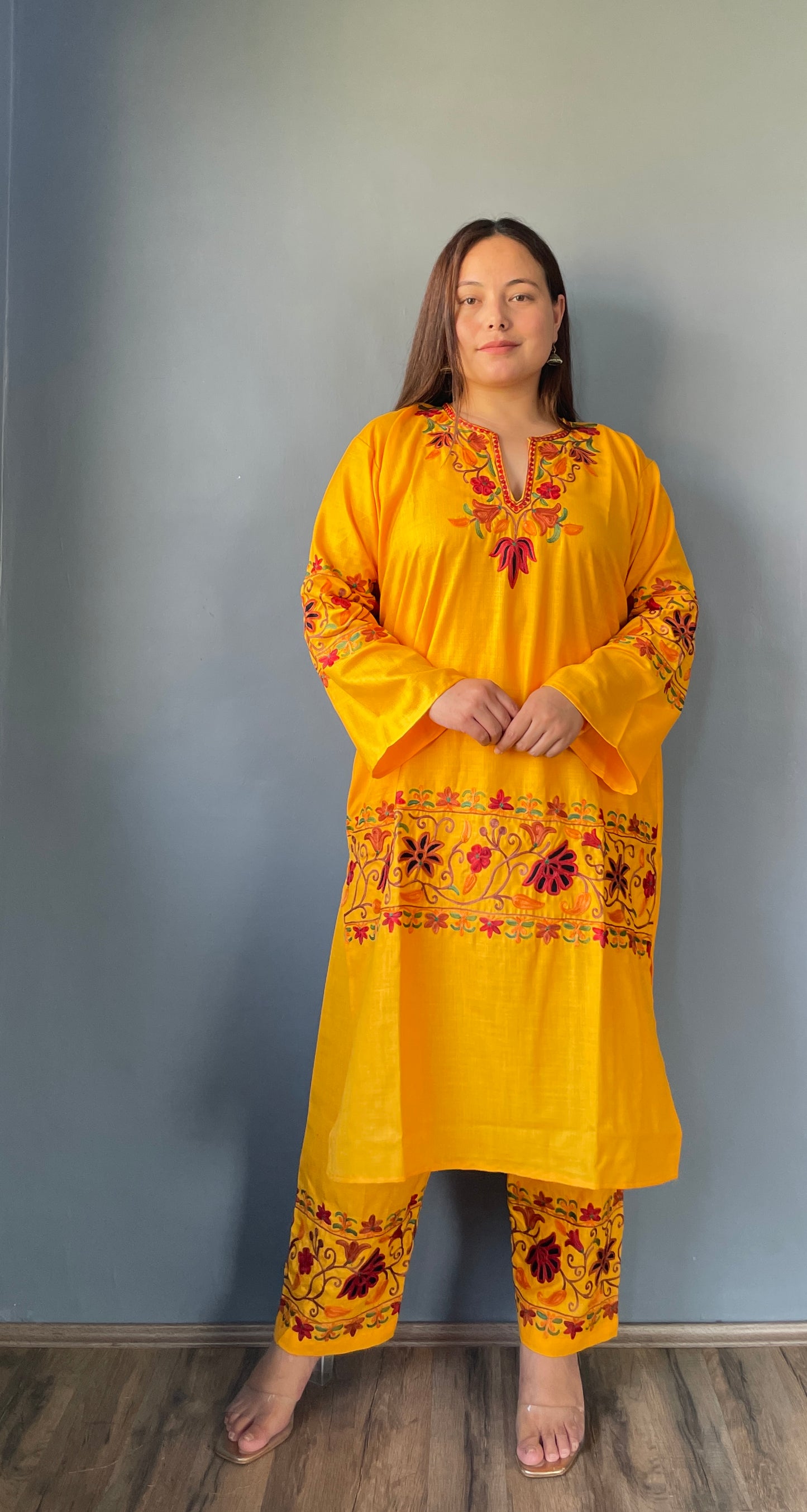 Coord | Bright Yellow | Red And Green Aari Embroidered