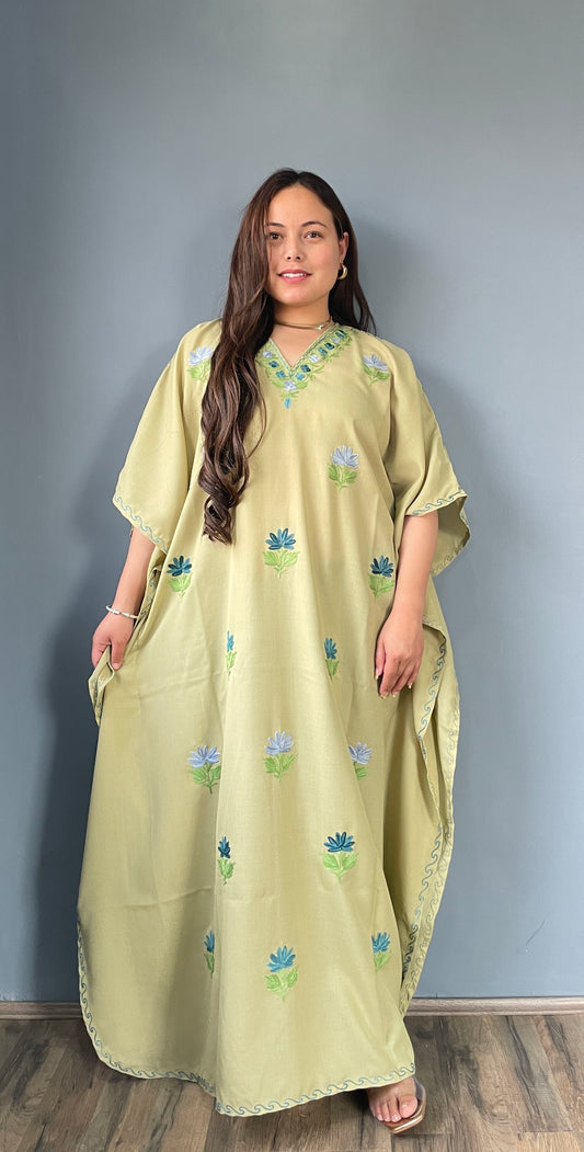 Aari Embroidered Cotton Kaftan | Mint Green With Blue And Green Embroidery