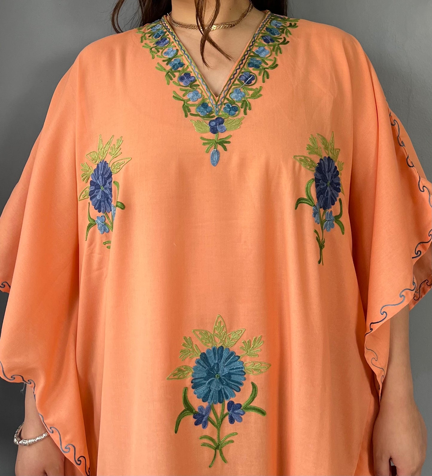 Aari Embroidered Cotton Kaftan | Peach With Green And Blue Embroidery