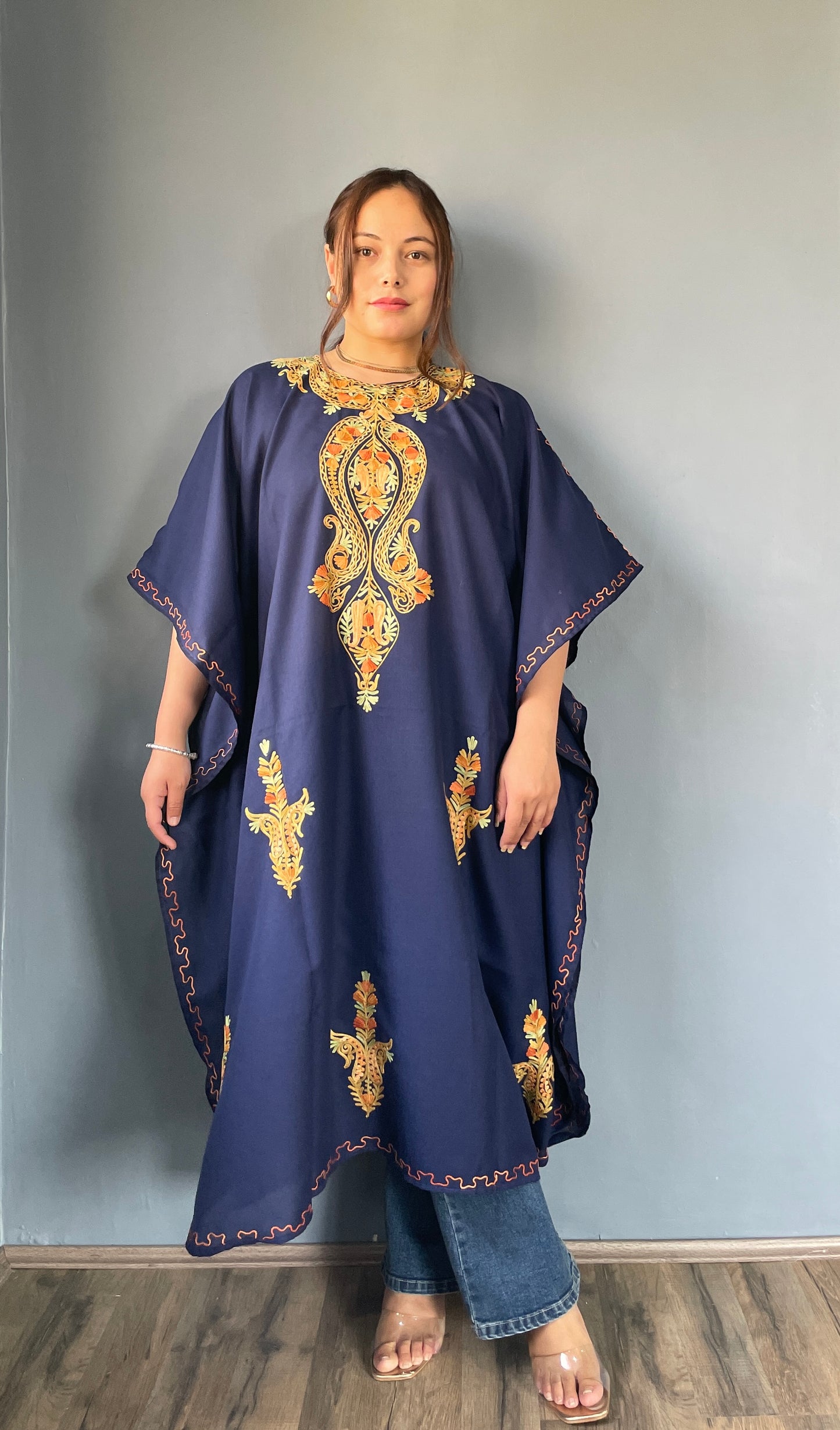 Aari Embroidered Cotton Kaftan | Navy Blue With Golden and Green Embroidery