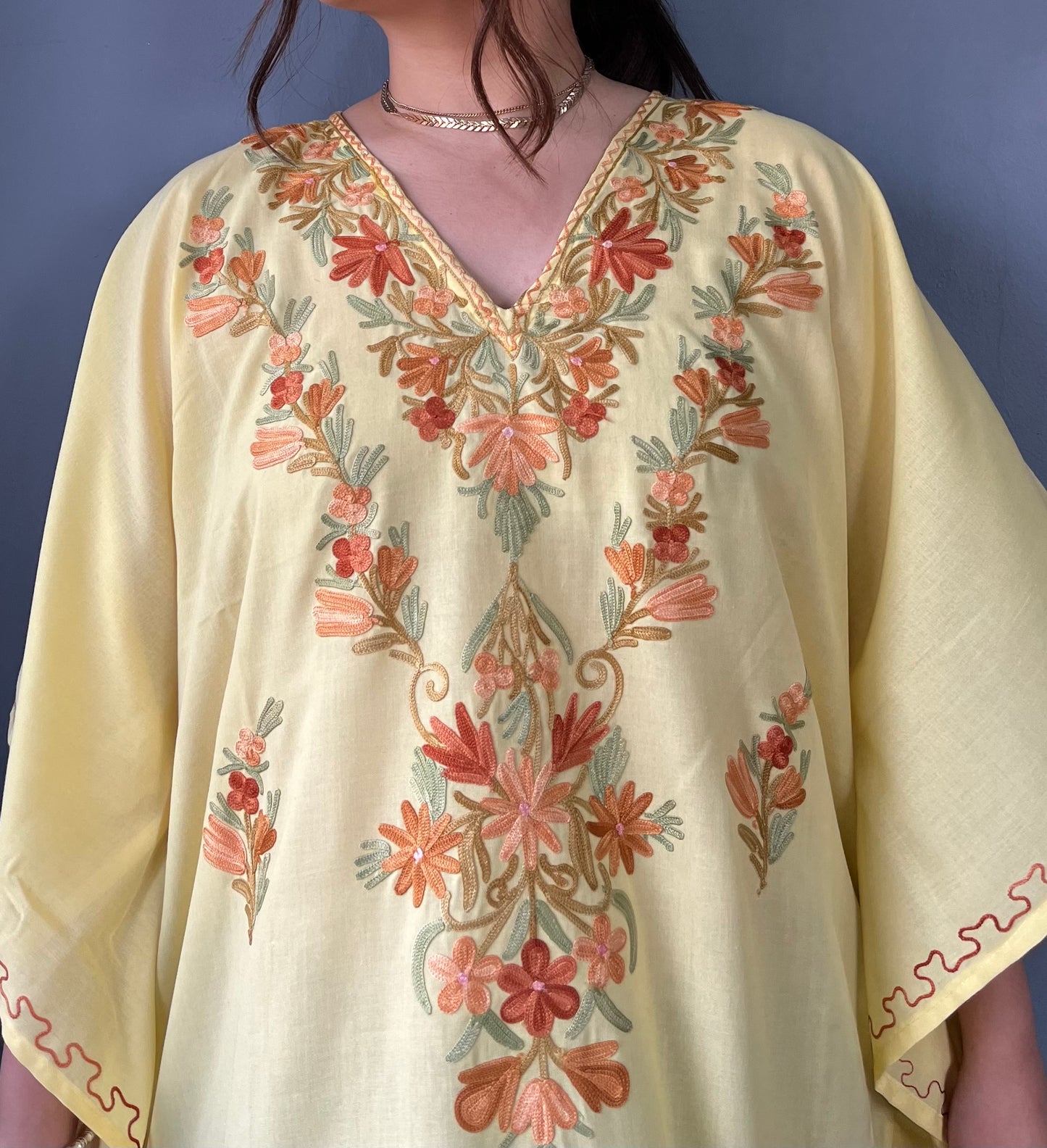 Aari Embroidered Cotton Kaftan | Pastel Yellow With Golden Embroidery