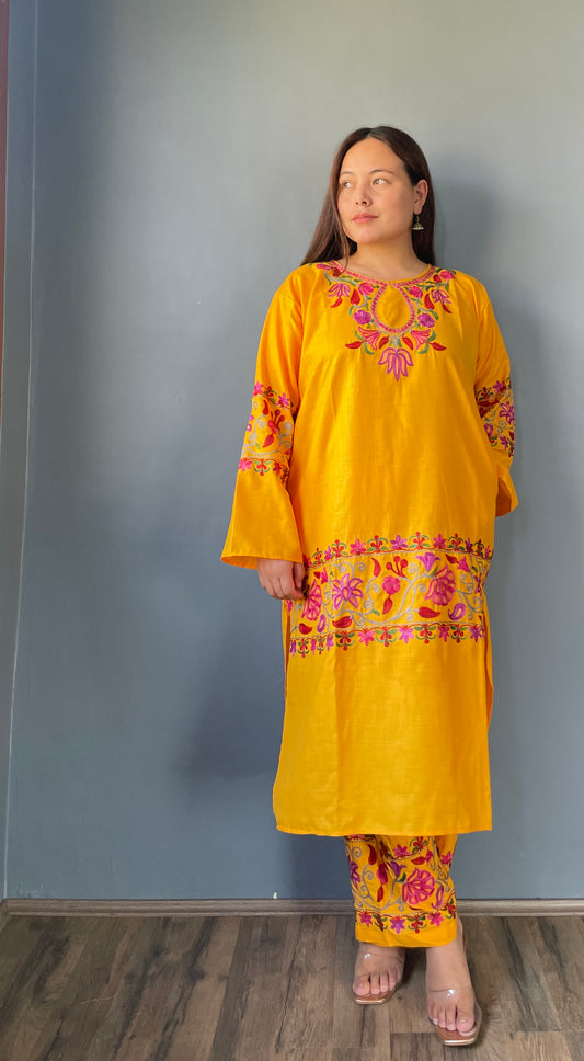 Coord | Bright Yellow | Purple And Pink Aari Embroidered