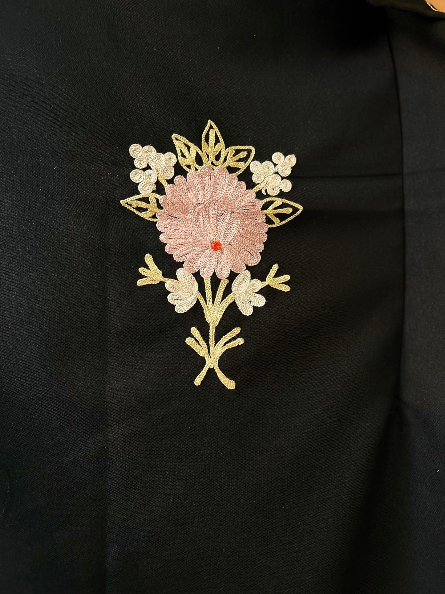 Aari Embroidered Cotton Kaftan | Black With Pink And White Embroidery