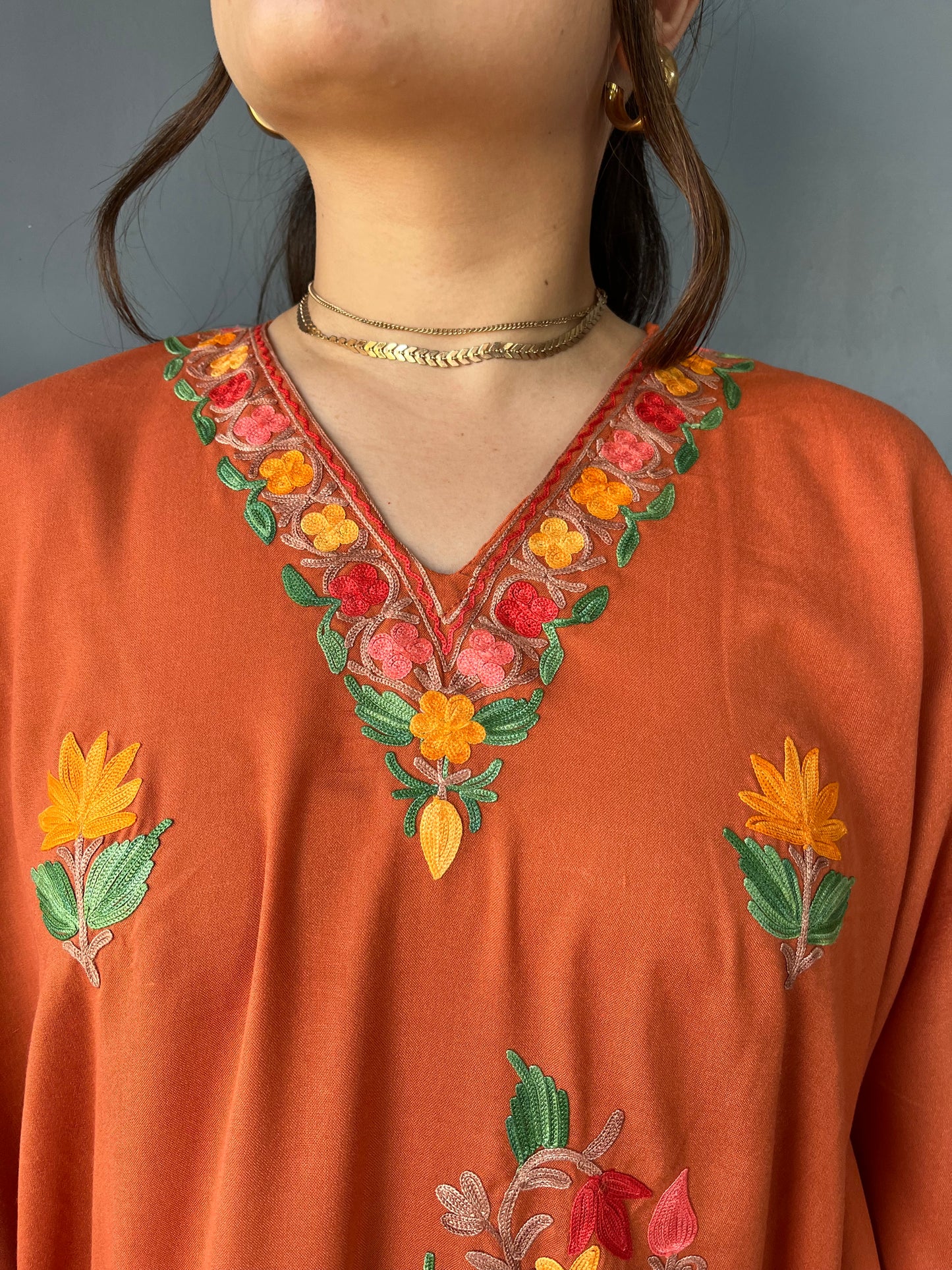 Aari Embroidered Cotton Kaftan | Orange With Green And Golden Embroidery