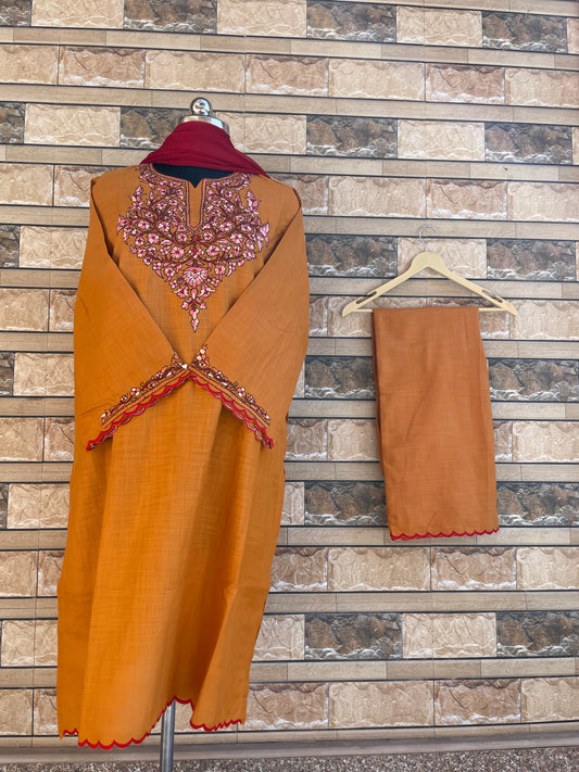 Sozni Suit | Mustard (Pink Embroidery)