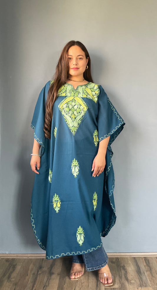 Aari Embroidered Cotton Kaftan | Teal Blue With Green Embroidery