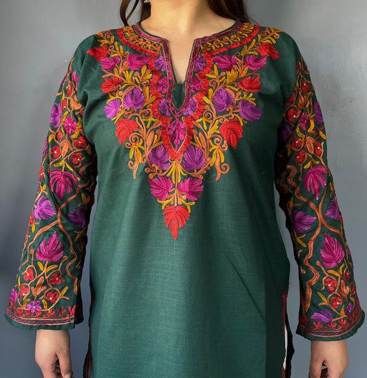 Sonzal Kurti | Bottle Green With Purple and Green Embroidery