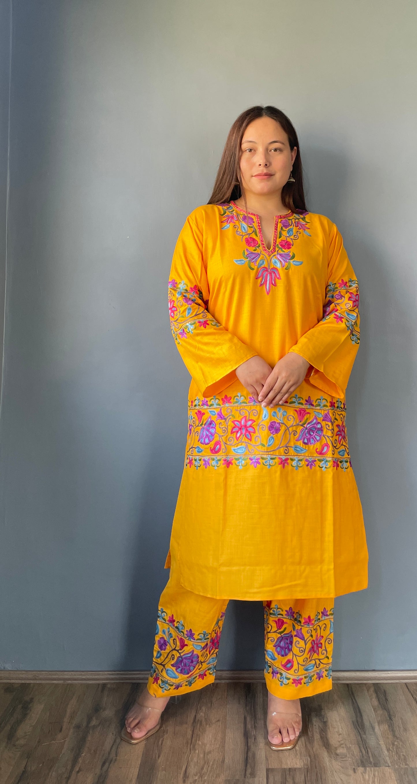 Coord | Bright Yellow | Purple And Blue Aari Embroidered