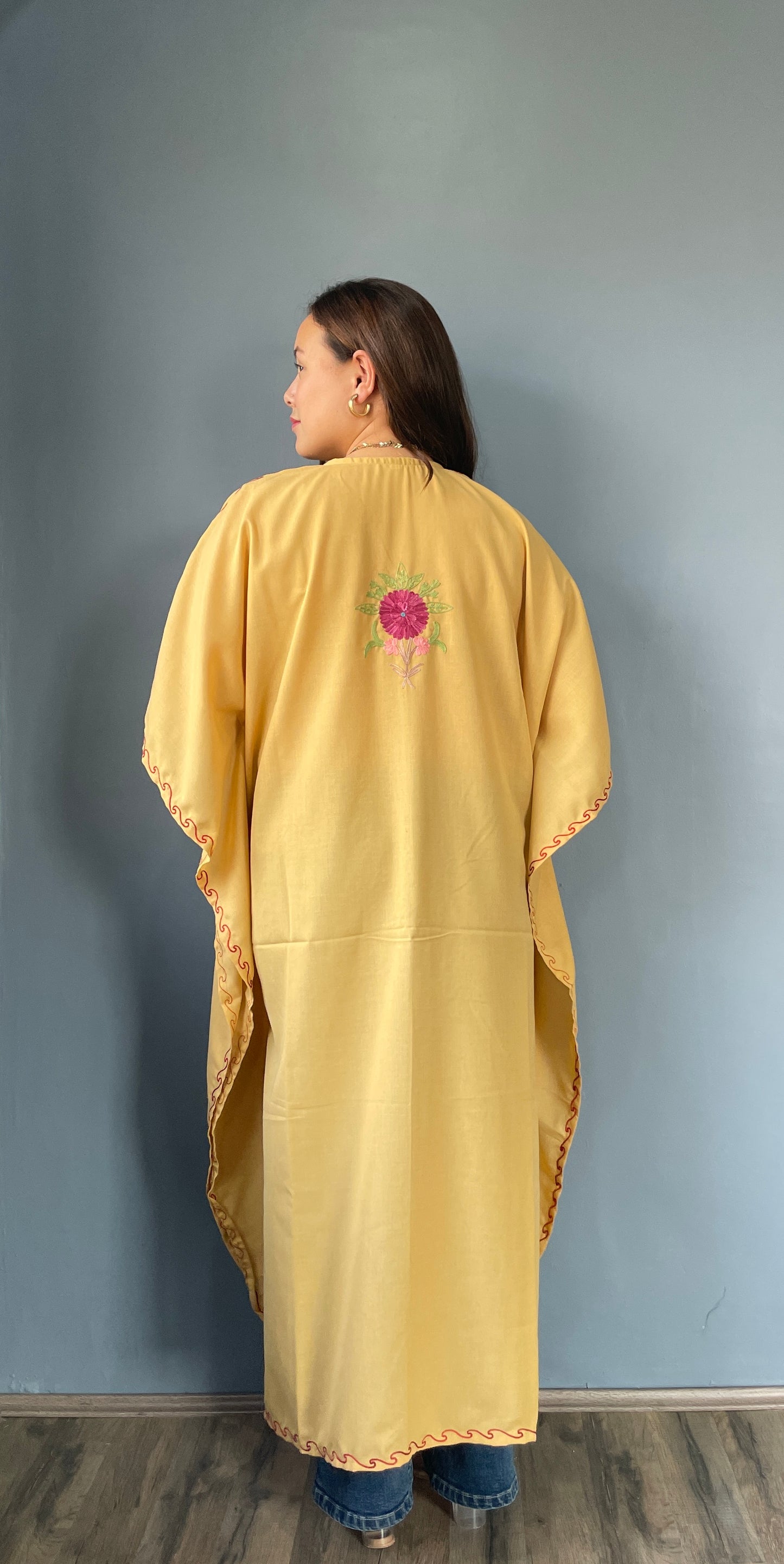 Aari Embroidered Cotton Kaftan | Tan Brown With Pink Embroidery