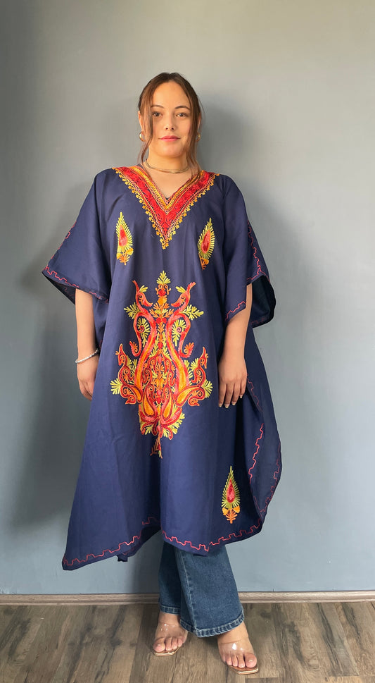 Aari Embroidered Cotton Kaftan | Navy Blue With Red and Green Embroidery