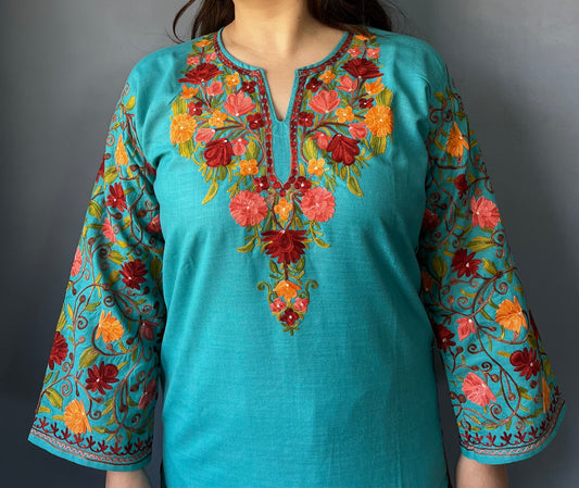 Sonzal Kurti | Sky Blue With Orange Embroidery