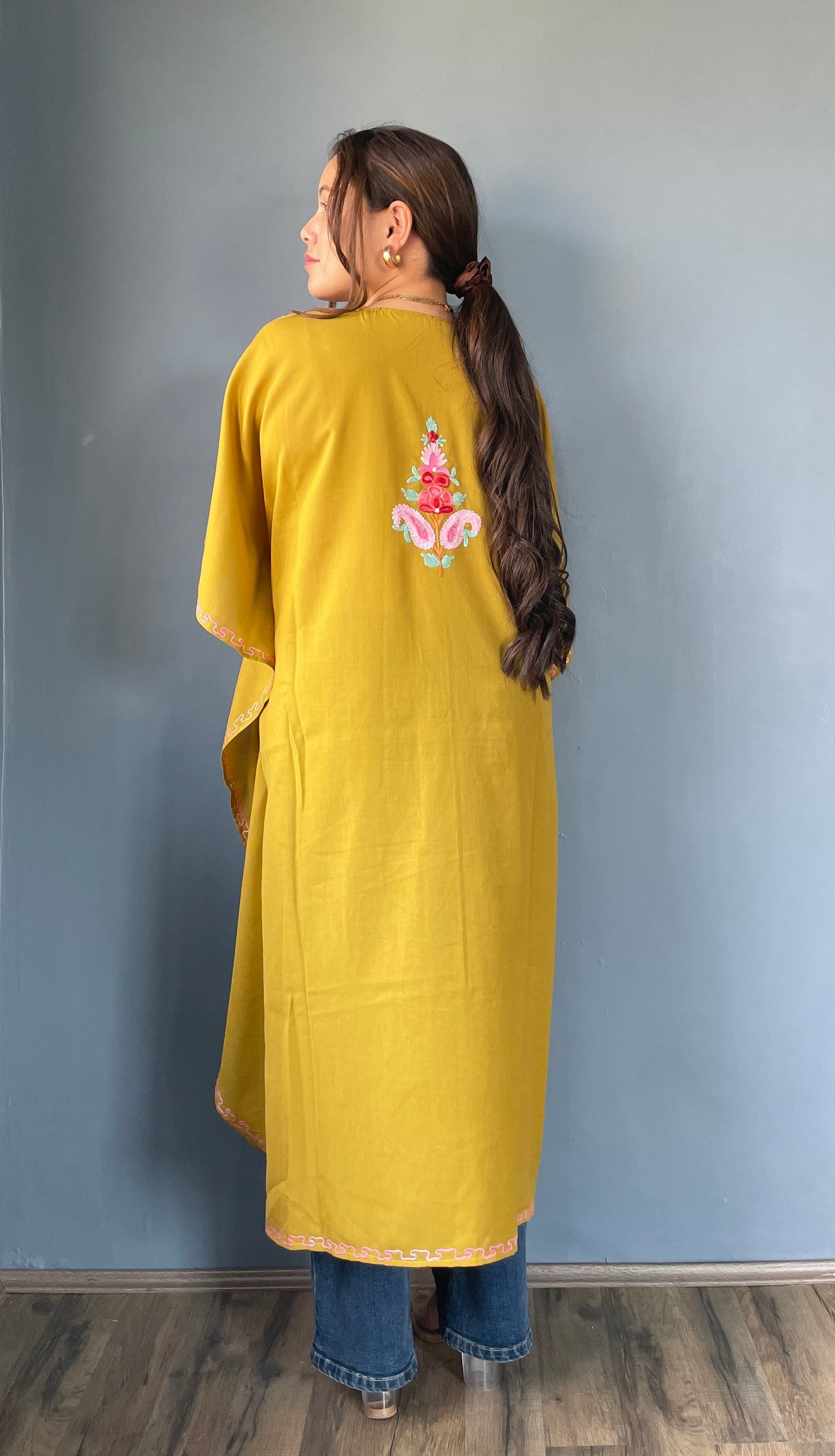 Aari Embroidered Cotton Kaftan | Saffron With Pink Embroidery