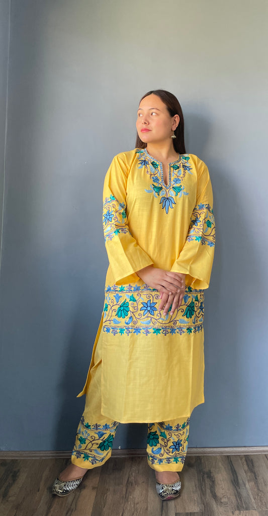 Coord | Daisy Yellow | Blue Aari Embroidered