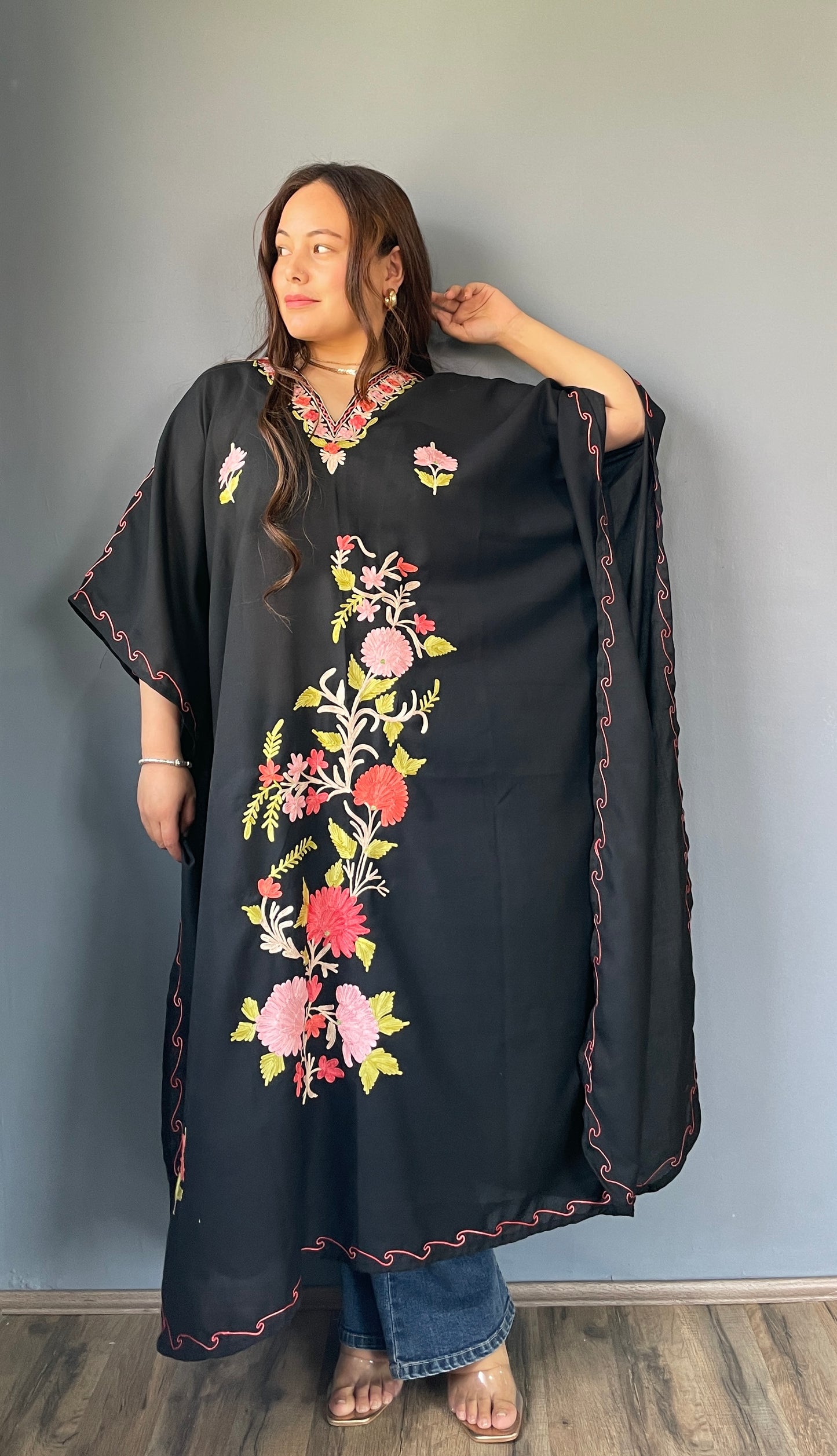 Aari Embroidered Cotton Kaftan | Black With Pink And Green Embroidery