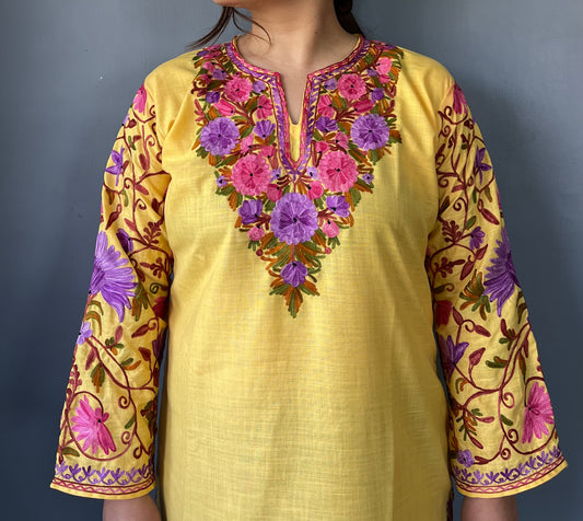 Sonzal Kurti | Daisy Yellow With Purple And Pink Embroidery