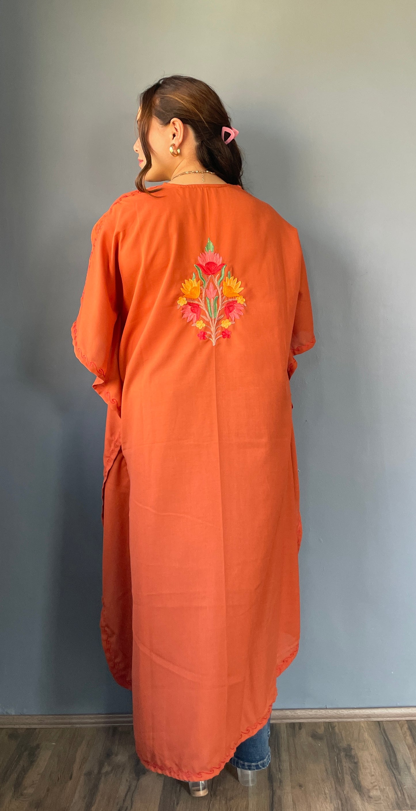 Aari Embroidered Cotton Kaftan | Orange With Green And Golden Embroidery