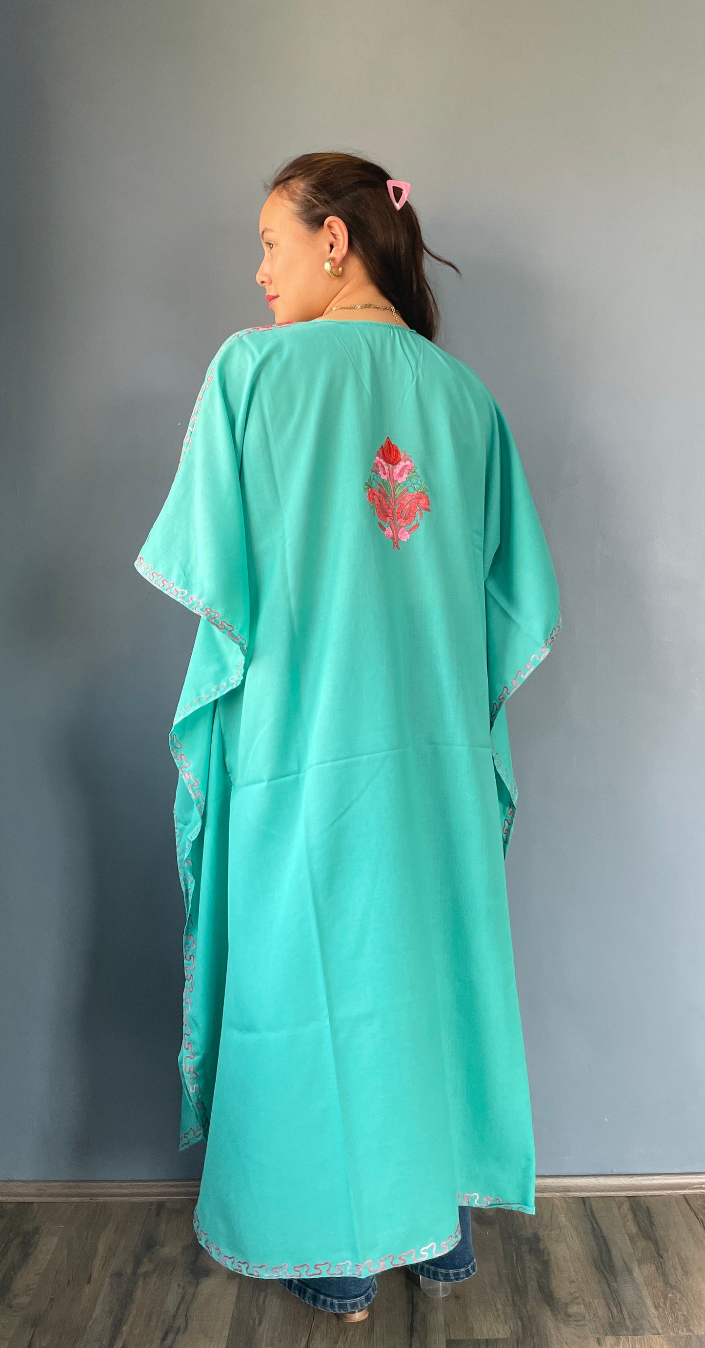 Aari Embroidered Cotton Kaftan | Turquoise Blue With Red And Pink Embroidery