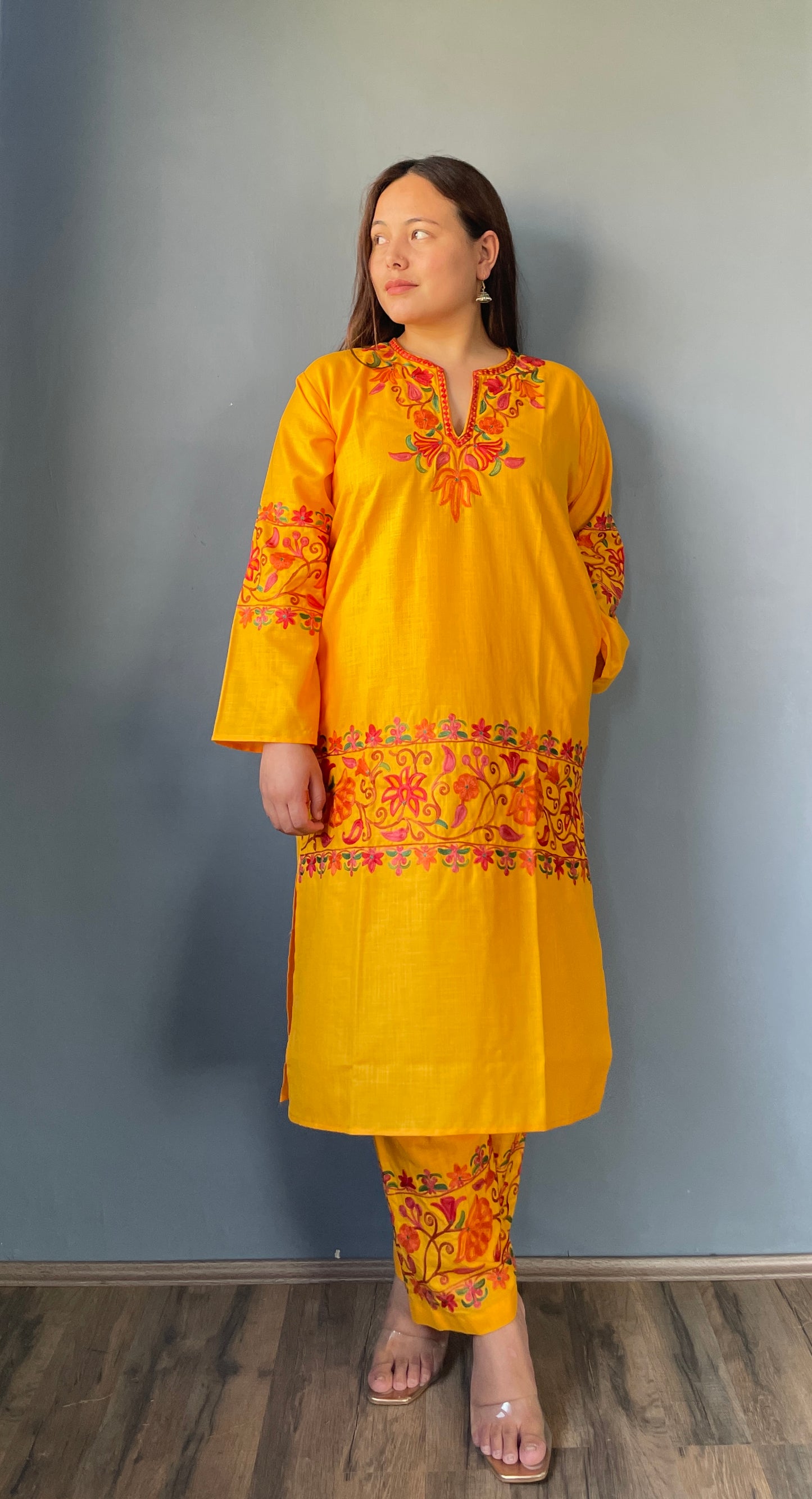 Coord | Bright Yellow | Orange And Green Aari Embroidered