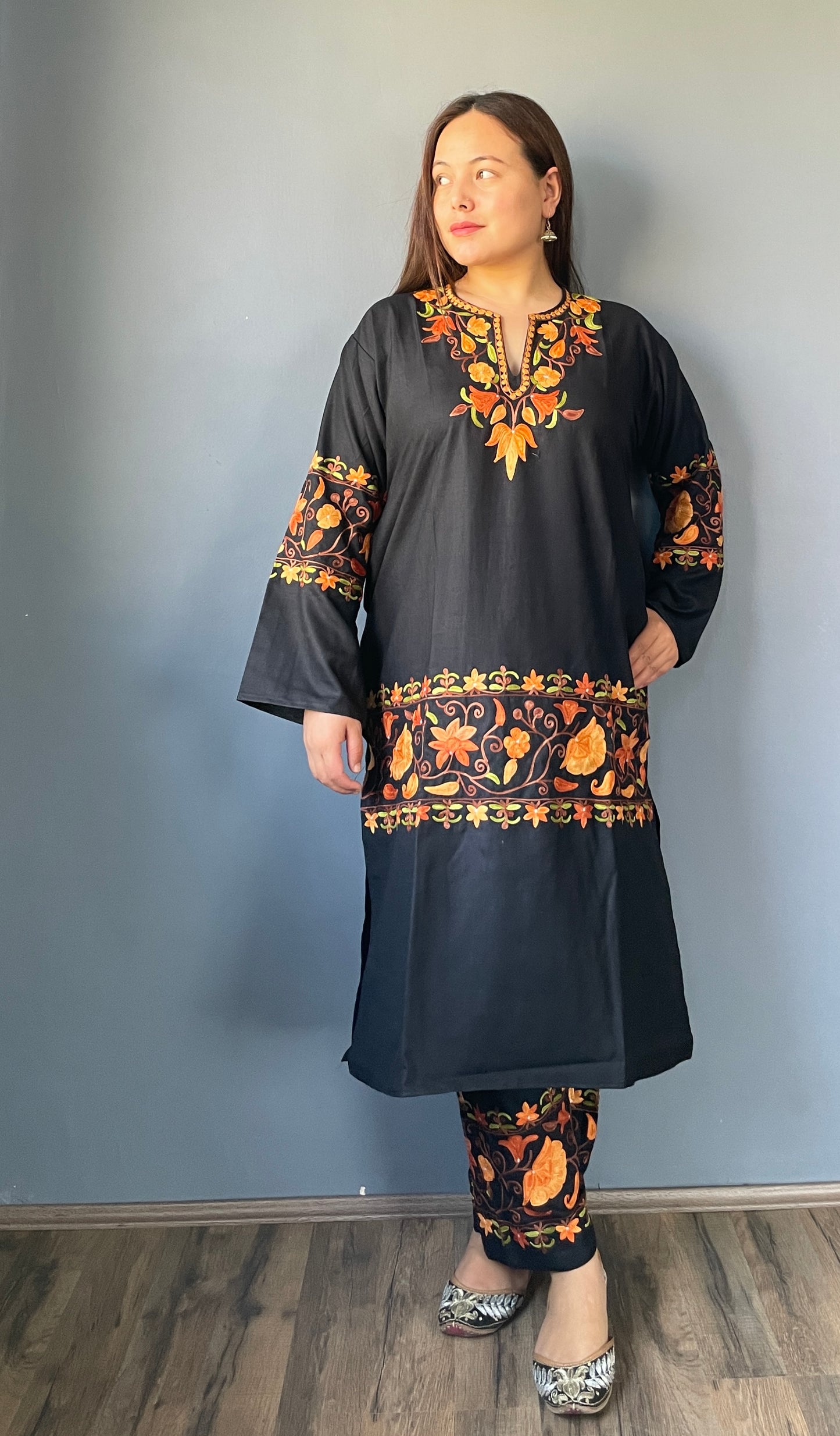 Coord | Black | Orange And Green Aari Embroidered