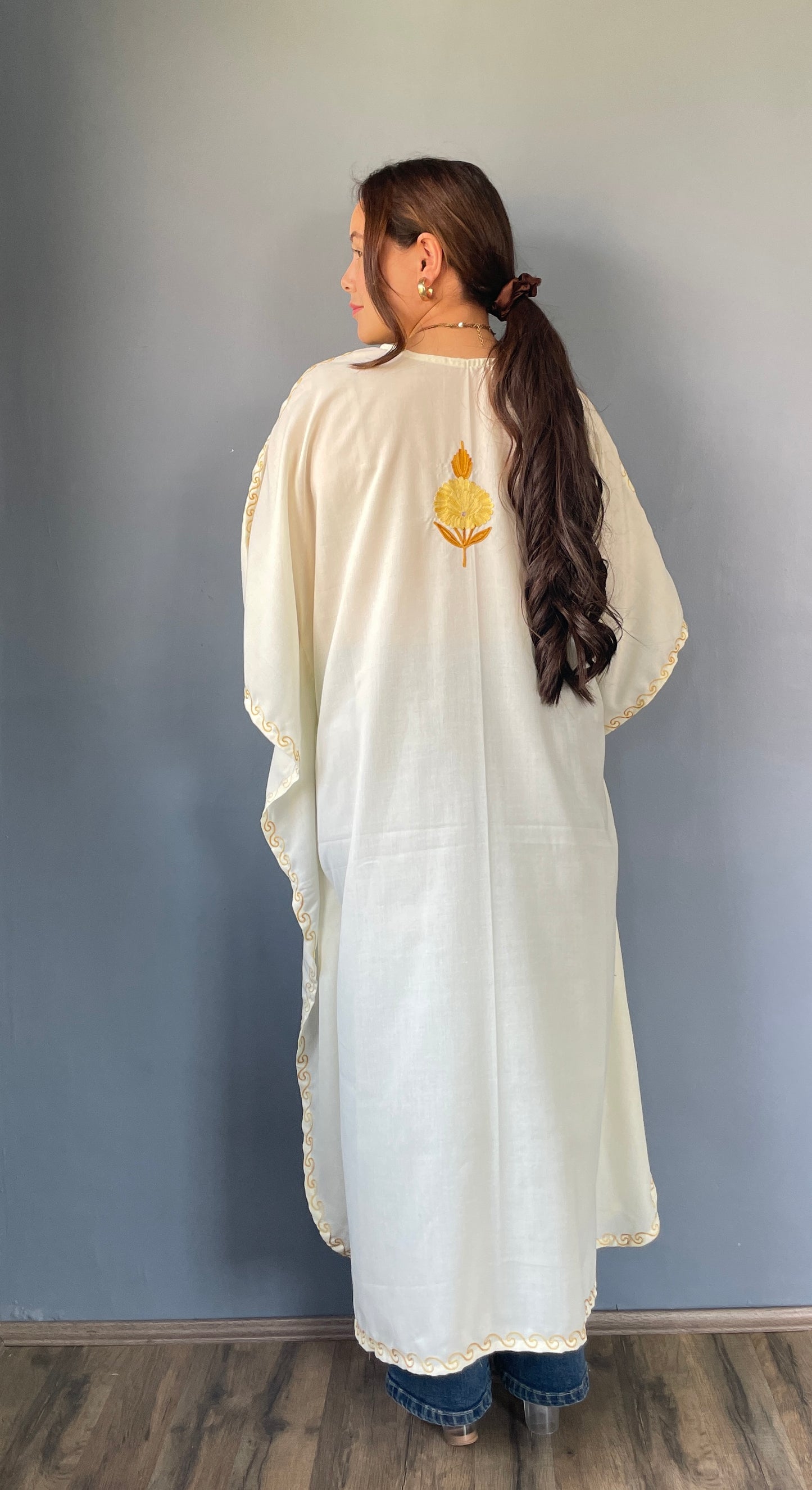 Aari Embroidered Cotton Kaftan | White With Golden Embroidery