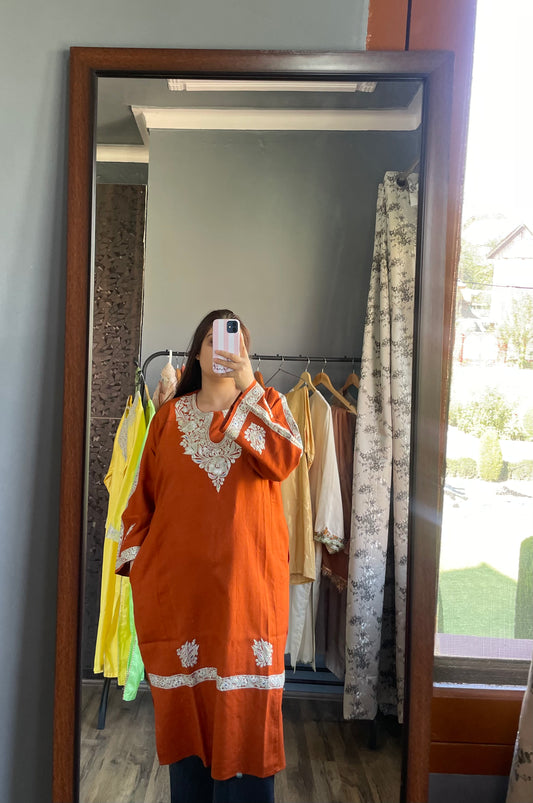 Tilla Embroidered Pheran | Rust