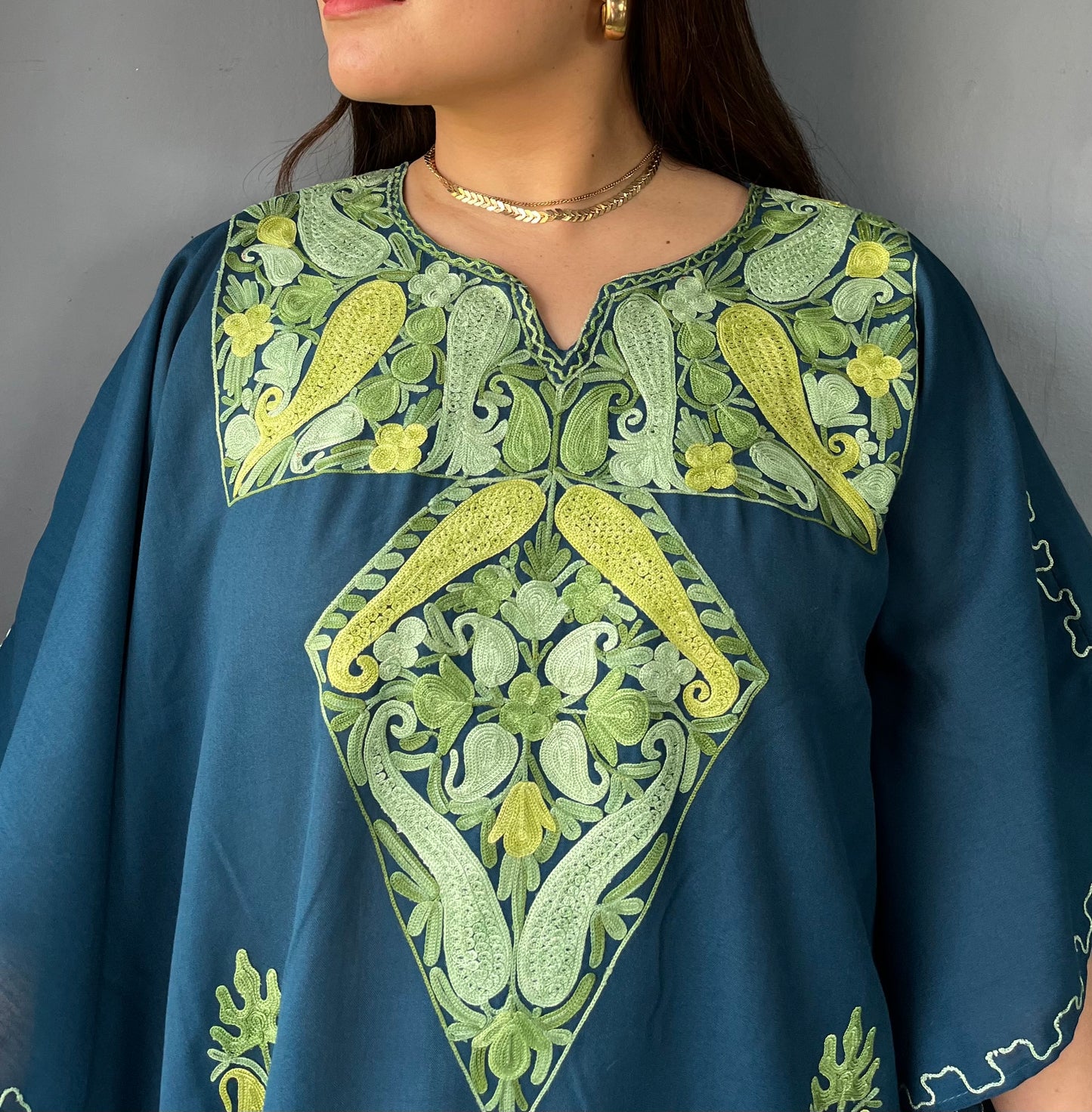 Aari Embroidered Cotton Kaftan | Teal Blue With Green Embroidery