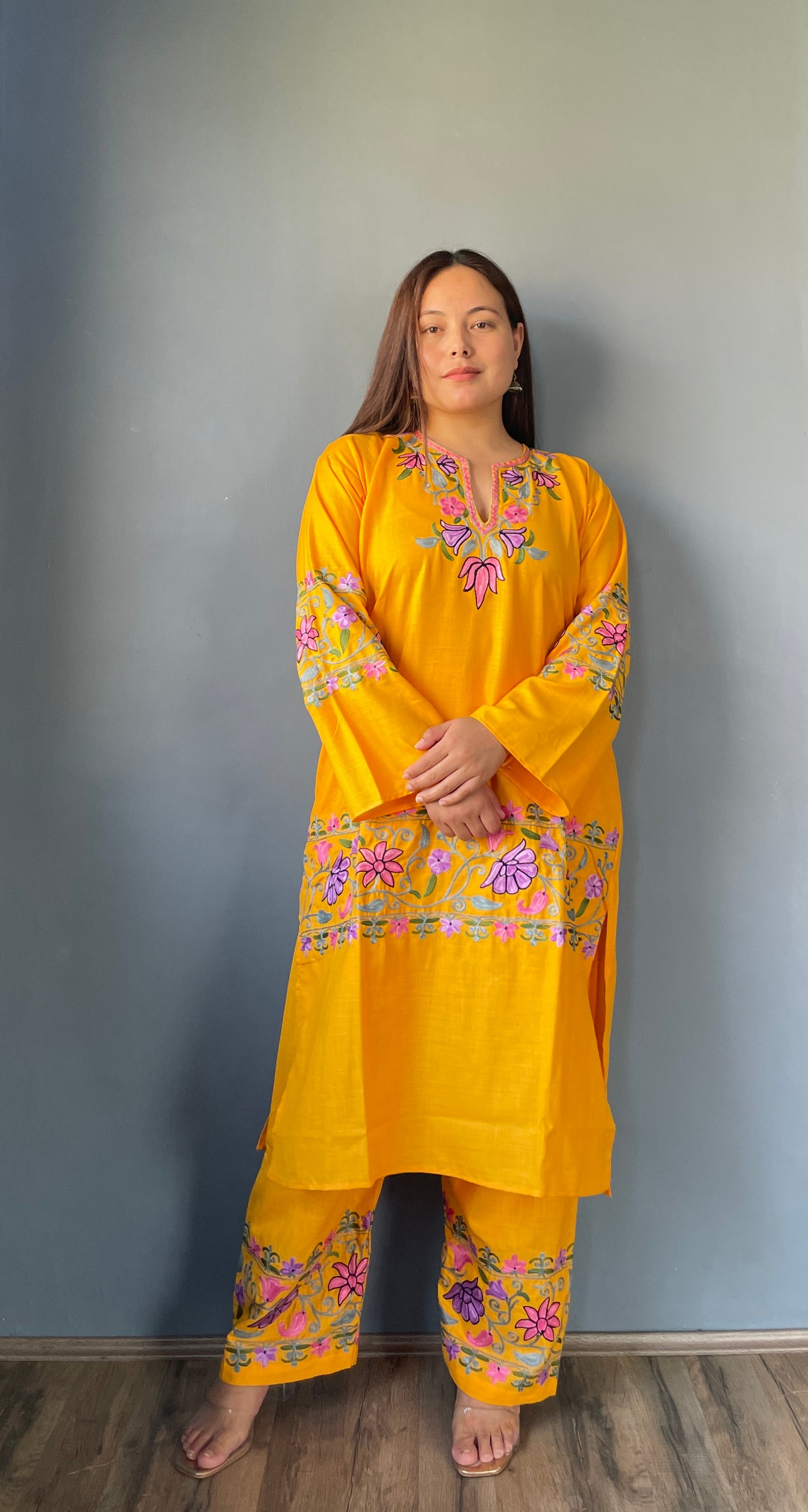 Coord | Bright Yellow | Pink And Black Aari Embroidered