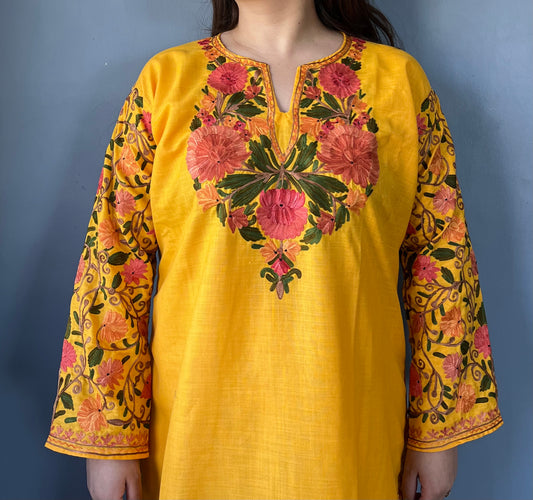 Sonzal Kurti | Bright Yellow With Green Embroidery