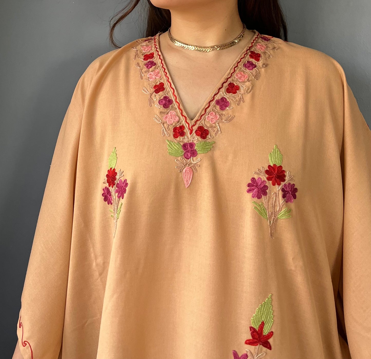 Aari Embroidered Cotton Kaftan | Desert Sand With Red Embroidery