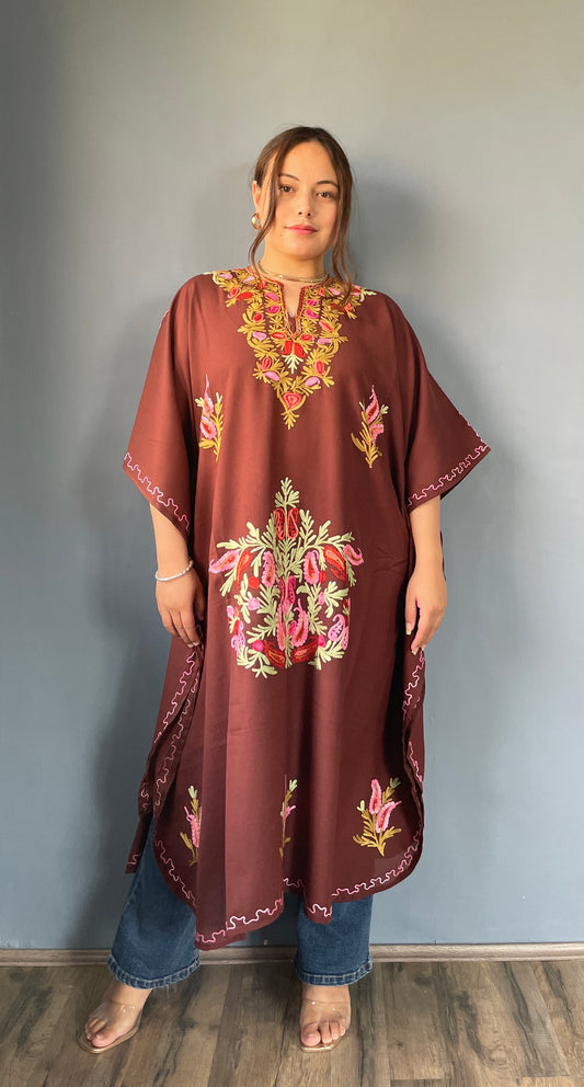 Aari Embroidered Cotton Kaftan | Chocolate Brown With Green Embroidery