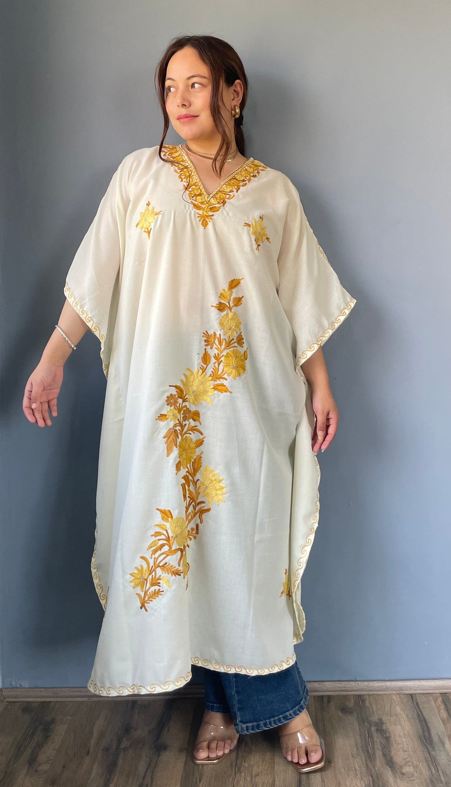 Aari Embroidered Cotton Kaftan | White With Golden Embroidery