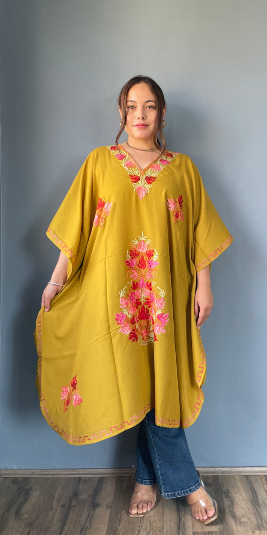 Aari Embroidered Cotton Kaftan | Saffron With Red Embroidery