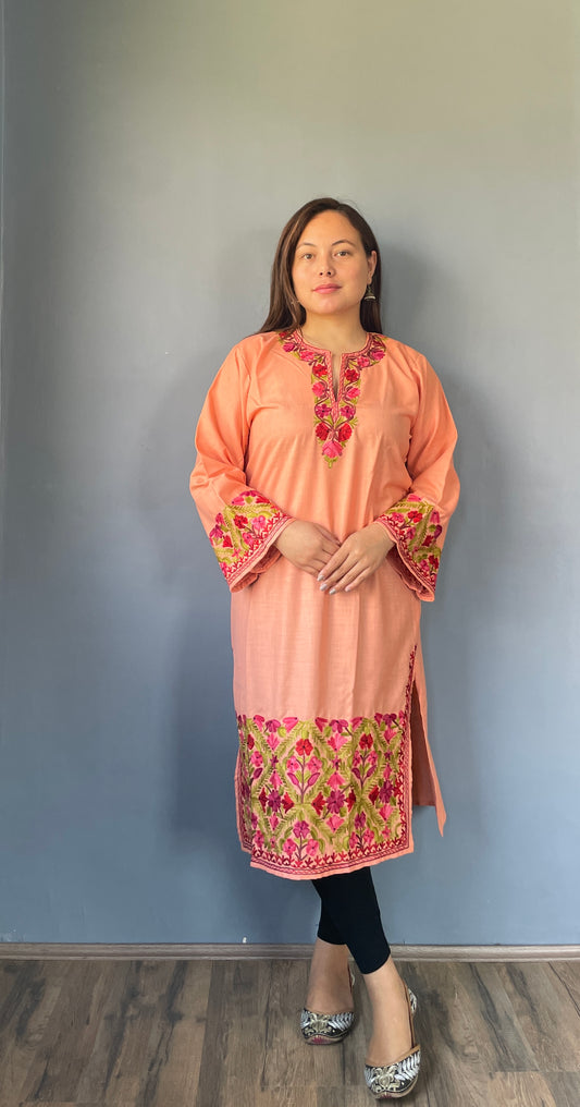 Sonzal Kurti | Peach With Purple And Green Embroidery