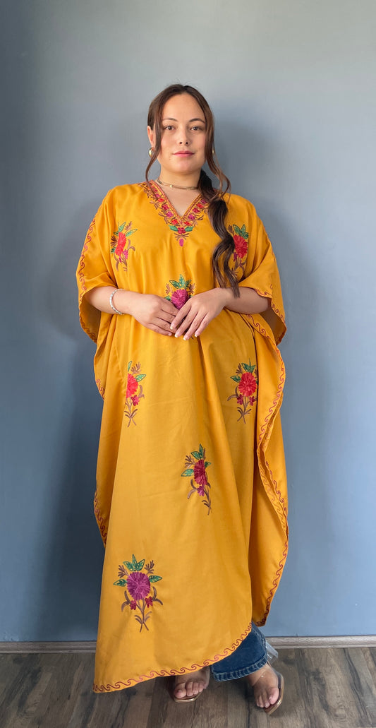 Aari Embroidered Cotton Kaftan | Mustard Yellow With Purple Embroidery