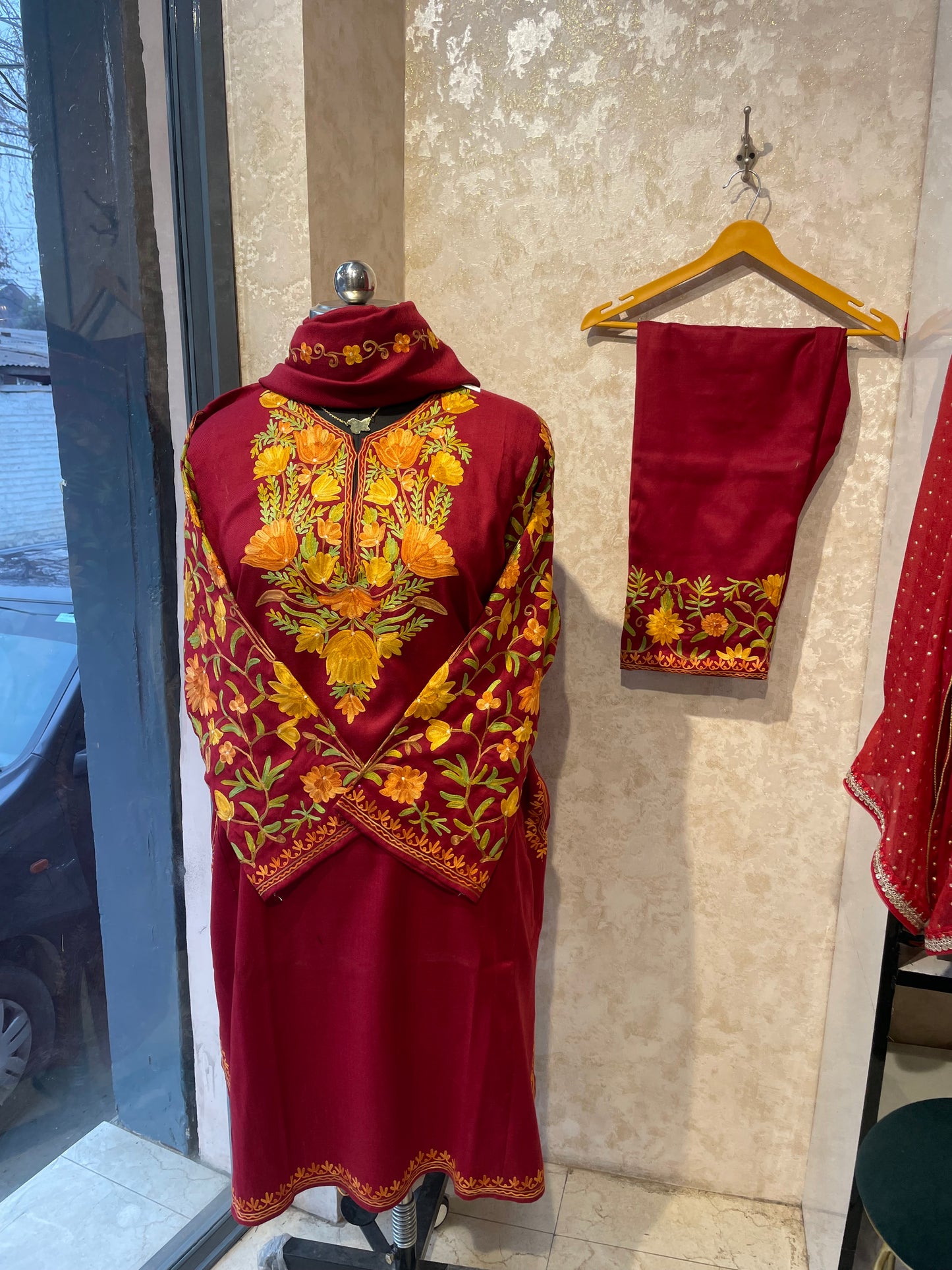 Aari Embroidered Pheran Suit  | Maroon