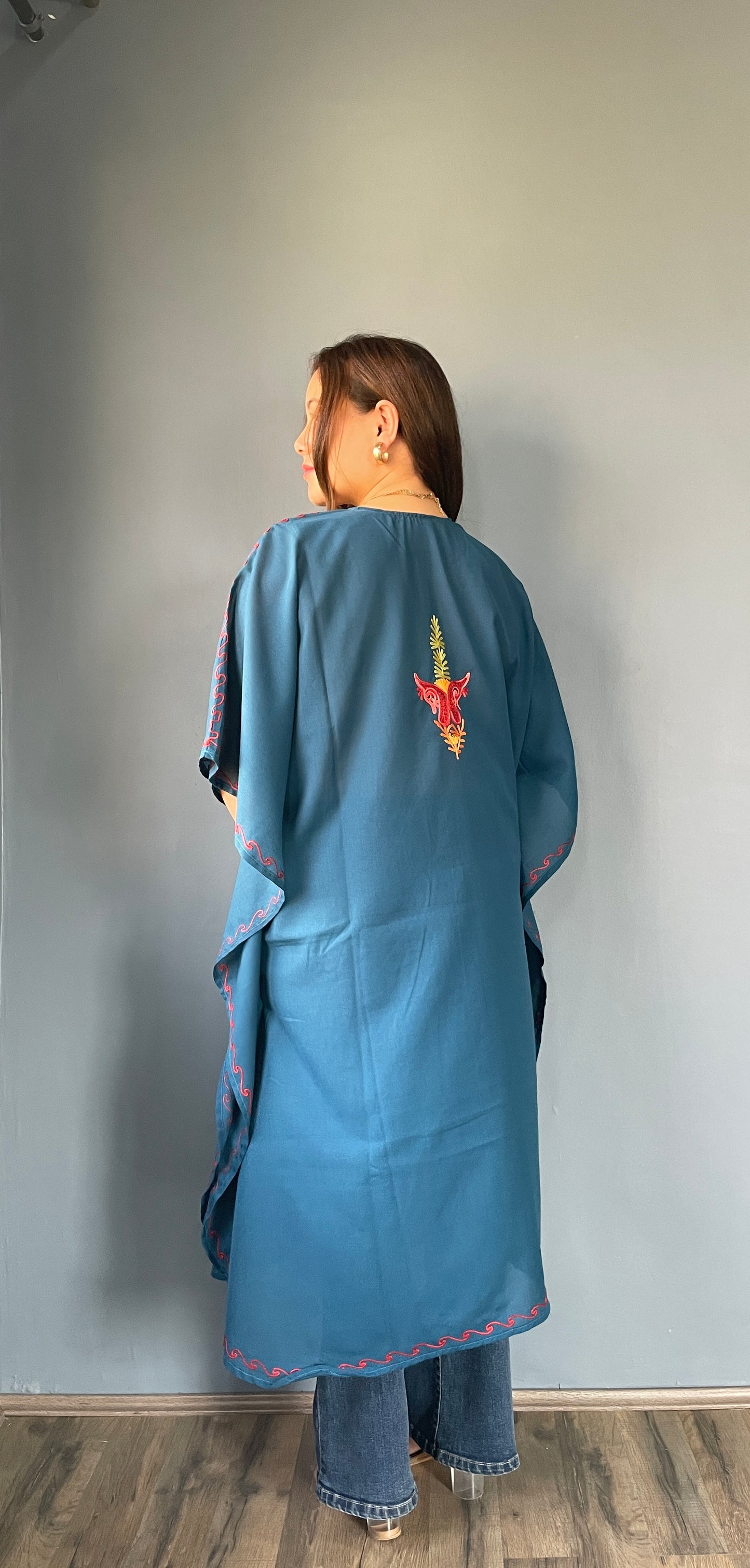 Aari Embroidered Cotton Kaftan | Teal Blue With Red and Green Embroidery